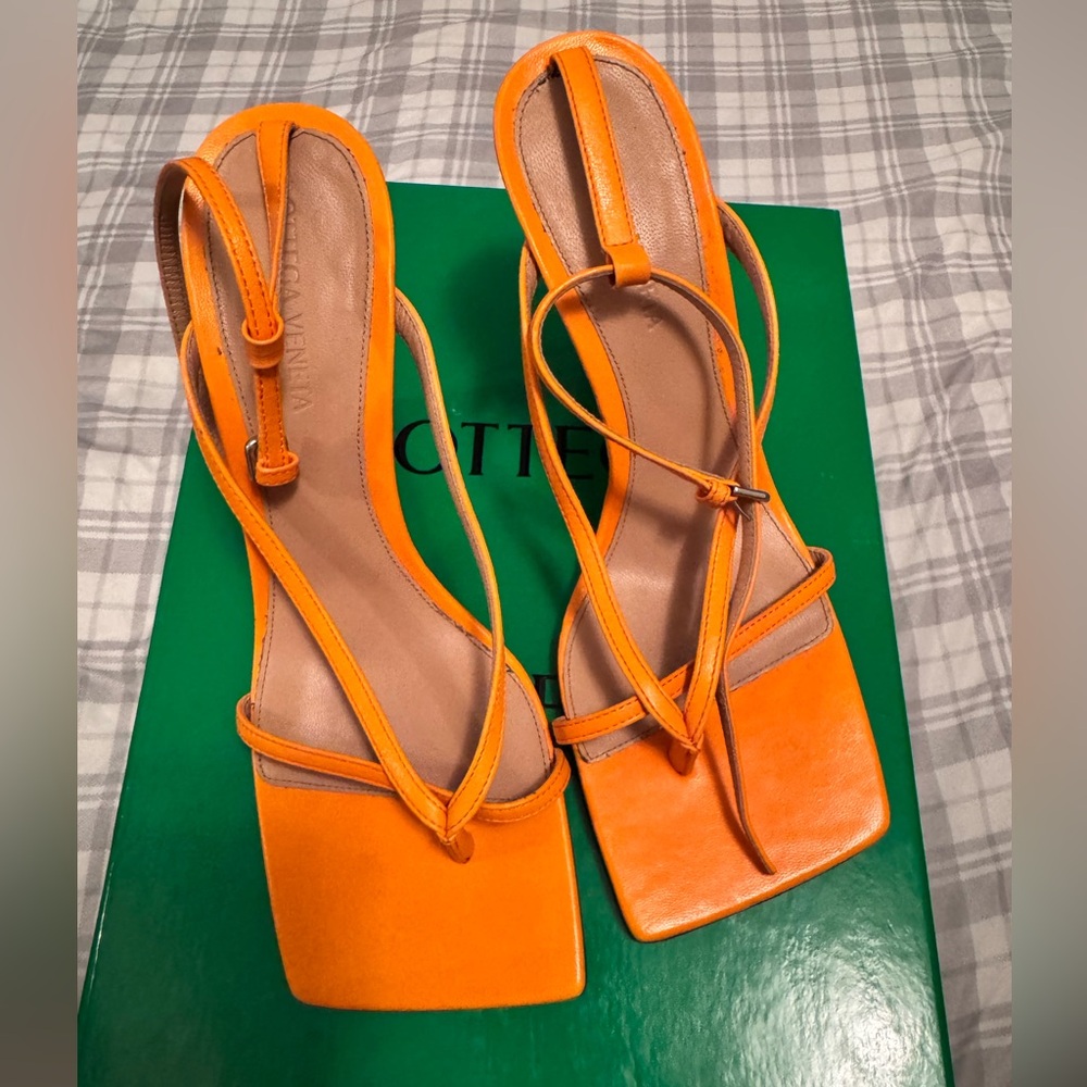 Bottega Veneta Orange Strappy Square-Toe Heeled Sandals